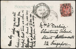 1907 (July 9) postcard from INVERNESS, SCOTLAND bearing 1d Edward VII; addressed to "Mrs W. Darling, Christmas Island, Straits Settlements via Singapore" with double circle "PENANG TO SINGAPORE AU 2 1907" transit cds and "CHRISTMAS ISLAND AU 6 1907" [Prou