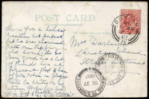 1907 (Sept.4) postcard from DUBLIN, IRELAND bearing 1d Edward VII; addressed to "Mrs Darling, Christmas Island, Straits Settlements" with double circle "PENANG TO SINGAPORE SE 27 1907" transit cds and "CHRISTMAS ISLAND OC 6 1907" [Proud Type B] arrival cd