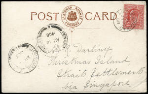 1908 (July 22) Caledonian Railway Company RP postcard from LOCHEARNHEAD, SCOTLAND bearing 1d Edward VII; addressed to "Mr. W.R. Darling, Christmas Island, Straits Settlements via Singapore" with double circle "PENANG TO SINGAPORE AU 14 1908" transit cds a