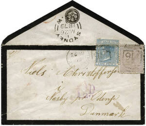 INWARDS MAIL FROM NEW SOUTH WALES: 1879 (Aug.26) mourning cover from MILLER'S POINT to ODENSE, DENMARK franked at 8d rate (6d+2d) and with purple "1&frac12;d" Accountancy mark. Backstamped Sydney, London & Odense. A rare destination.