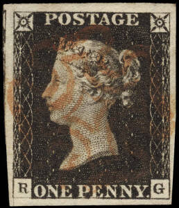 1840 (SG.2) 1d Black [RG], Plate 1b, with left frameline extended, part adjoining stamp at left, 4 large margins; very fine with light red MC. Cat.&pound;375+.