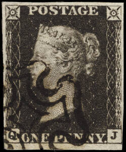 1840 (SG.2) 1d Black [QJ], Plate 5, very fine 4 margin example (almost touches LR); with black MC. Cat.&pound;350.
