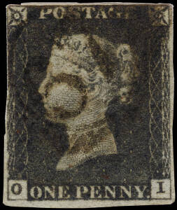 1840 (SG.3a & k) 1d grey-black on 'bleut&eacute; paper' and additionally cancelled with a 1844 type postmark in black. 2&frac12; margins. A rare combination, the blue paper cat. from &pound;750 and this type of cancel from &pound;1,800.