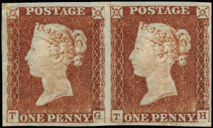 1841 (SG.8) 1d red-brown, slightly blue paper, horizontal pair, Plate 42, 'TG + TH'. Full margins, almost 100% full gum, a couple of minor faults incl. vert. gum bend. Scarce, cat. &pound;1,200.