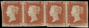 1841 (SG.8a) 1d red-brown, very blue paper, horizontal strip, lettered GF, GG, GH & GI. Good margins, crudely cut into. Full original gum. A tear lower margin between GH & GI, nevertheless a very scarce strip, cat. &pound;2,800.