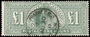 1883-1910 group (SG.178,181,183 & 266) 2/6, 5/-, 10/- QV, wmk Anchor, 3 presentable h/values and 2 other. Plus &pound;1 dull blue-green, KEVII, wmk Three Crowns, perf. 14, fine commercial usage, dated 30/08/11.