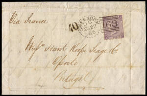 Group with 1852 (26 Jan.) Currie - Edinburgh cover, franked 1d tied by *131* Edinburgh cancel (Mackay Type 413. Rarity E), 1855 cover with Clifton "959" Sideways duplex, 1865 entire to Potugal franked with 6d lilac Pl.5, tied by Greenock "163" duplex, 187