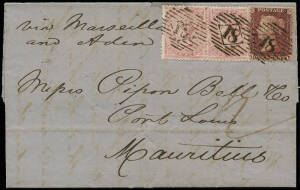 1859 (Oct.18) use of 4d Rose (2) + 1d Red on folded cover from London to Port Louis, MAURITIUS, with Nov.17 arrival b/stamp. Endorsed "via Marseilles and Aden" at left. A 9d rate cover to a better destination!