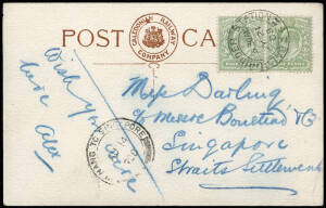 1908 (July 21) RP Caledonian Railway Company postcard from BALQUHIDDER STATION, Scotland to Singapore, showing the "PENANG TO SINGAPORE" double-ring cds (AU 14).