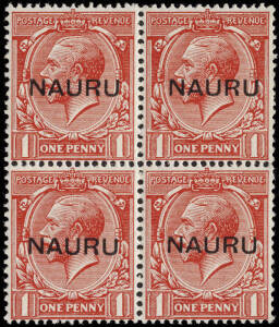 1916-23 (SG.14,21 & 22) 1d scarlet, o'pt "NAURU" 13.5mm. Blk of 4**, fine and fresh. Plus 2/6 brown & 5/- carmine, o'pt "NAURU", both w/c*, the gum on the 5/- slightly tropicalized.
