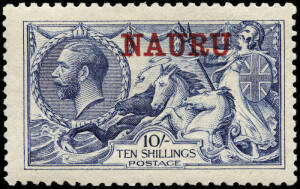 1916-23 (SG.23d) 10/- deep bright blue Seahorse o'pt "NAURU", De La Rue printing. MUH, a fine stamp.