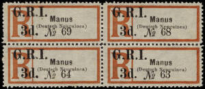 1915 (SG.39) 3d G.R.I. Manus Registration label, superb block from Setting "C", upper units *, lower units **. Well centred, fresh and all units with o.g. RPS (London) Cert. [1970].