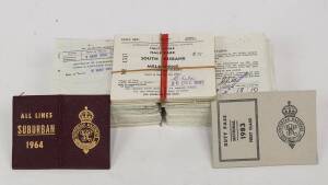 RAILWAY: INTERSYSTEM RAILWAY TICKETS (flimsies, 100x88mm), all 1983-84; mainly Sydney-Melbourne or Melbourne-Adelaide (or vice versa) with a few Sydney-Brisbane. Noted: first class, economy, caper; full-fare & concession. All appear to have been nipped. A