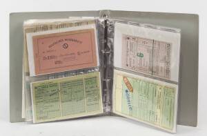 RAILWAYS: Mixed collection of tickets (and a few luggage labels) housed in plastic pockets in album.  Noted: intersystem tickets, souvenir tickets, European tickets 1958-1986. Good to Mint condition.  