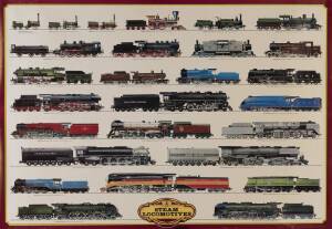 RAILWAYS: A pair of posters: "STEAM LOCOMOTIVES" & "MODERN LOCOMOTIVES", illustrating a total of 57 locos, each 96x67.5cm. Condition A.