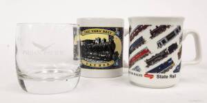 RAILWAY: RAILWAY DRINKING GLASSES: 2 x "V&ANR", 1 x "V/Line & AN"; 3 x "Indian Pacific", 2 x "The Ghan" (parfait glasses), 1 x RRR [ie NSW] (shot glass), 1 x Vintage Talking Tram, 1 x plain glass believed to have railway useage.&nbsp; Also: small collection of