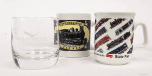 RAILWAY: RAILWAY DRINKING GLASSES: 2 x "V&ANR", 1 x "V/Line & AN"; 3 x "Indian Pacific", 2 x "The Ghan" (parfait glasses), 1 x RRR [ie NSW] (shot glass), 1 x Vintage Talking Tram, 1 x plain glass believed to have railway useage.  Also: small collection of