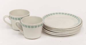 RAILWAY: RAILWAY CROCKERY. As used by RoA/AN on the "IP" & "Trans Australian" but with no identifying mark other than the railway style month & year identifying marks to base of all pieces; with sea-green "quartered square" pattern around rim. 19 x cups &