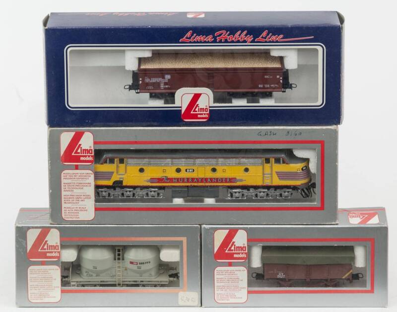 MODEL RAILWAYS: LIMA: The Murraylander B80 Diesel Locomotive (208043L), with Rolling Stock Comprising of a DB Large Open Freight Car Loaded with Gravel (L302703), Silo Car (302805), Small Covered Freight Car (303523). All mint in original cardboard packag