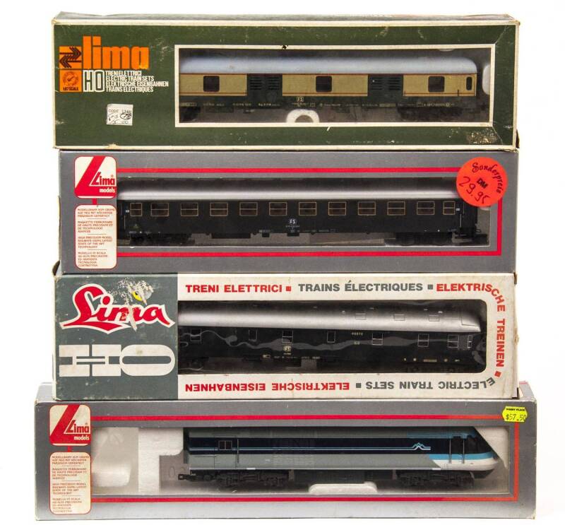 MODEL RAILWAYS: LIMA: XPT Country Link Locomotive (205008), with Rolling Stock Comprising of a FS 1st Class Passenger Car (309542K), FS Passenger Car (9317), FS Post Car (9111). All mint in original cardboard packaging. (4 items)