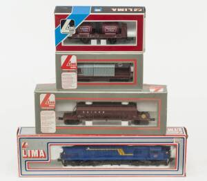 MODEL RAILWAYS: LIMA: South African Blue Train Diesel Locomotive (208153LG), with Rolling Stock Comprising of a SAR Sugar Car (309071), Small Telescopic Freight Car (9317), FS Open Freight Car Loaded with ‘Beaujolais Village Barrels (302825). All mint in 