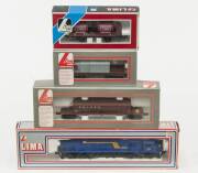 MODEL RAILWAYS: LIMA: South African Blue Train Diesel Locomotive (208153LG), with Rolling Stock Comprising of a SAR Sugar Car (309071), Small Telescopic Freight Car (9317), FS Open Freight Car Loaded with ‘Beaujolais Village Barrels (302825). All mint in