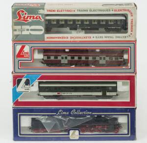 MODEL RAILWAYS: LIMA: BR 18 Rheingold Steam Locomotive (203007), with Rolling Stock Comprising of a SBB Passenger Car (309332), FS 1st Class Passenger Car (9111), 3rd Class Passenger Car (309255). All mint in original cardboard packaging. (4 items)