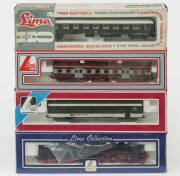 MODEL RAILWAYS: LIMA: BR 18 Rheingold Steam Locomotive (203007), with Rolling Stock Comprising of a SBB Passenger Car (309332), FS 1st Class Passenger Car (9111), 3rd Class Passenger Car (309255). All mint in original cardboard packaging. (4 items)