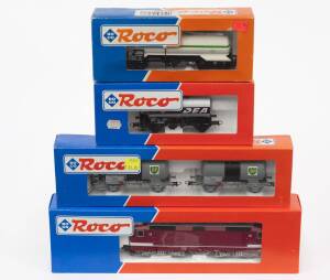 MODEL RAILWAYS: ROCO: Electric Locomotive BR 143 573-4 (43680), with rolling stock, comprising of ‘BP’ Tank Car Set (44081), ‘DEA’ Tank Car (46071), ‘GALP’ Tank Car (46138). All mint in original cardboard packaging. (4 items)