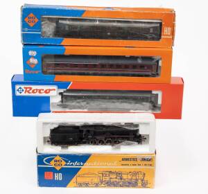 MODEL RAILWAYS: ROCO: Steam Locomotive SNCF ‘Armistice’ Type 150 C (4118), with rolling stock, comprising of FS 1st/2nd Class Composite Passenger Car (4288C), 1st Class Passenger Car (4291), 3rd Class Passenger Car (44982). All mint in original cardboard 