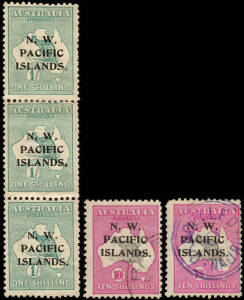 NWPI group with 1915-16 (SG.81,86 & 97w) 1/- green, 1st wmk*, 2d grey, 2nd wmk* and 2/- brown, 3rd wmk inverted, MNG, vert. strips of 3 with the 3 settings; 1918-23 (SG.103b) 1d red with submerged Die II*; Used 3rd wmk 'Roos, 1/- (2), 10/- (2 with minor f