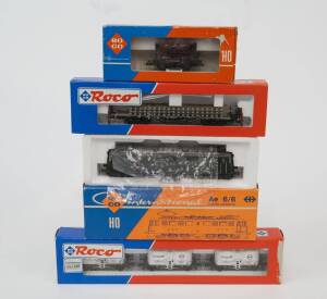 MODEL RAILWAYS: ROCO: Electric Locomotive SBB Ae 6/6 (4195), with rolling stock, comprising of Alternating Silo Wagon Set &lsquo;Eva&rsquo; & &lsquo; Karsdorfer Zement&rsquo; (44055), Rungswagen with Loaded Rails (46492), Service Crate (4334A). All mint in original cardboard pac