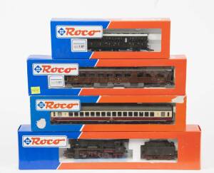 MODEL RAILWAYS: ROCO: Sache Steam Locomotive (43328) Plus Rolling Stock, Comprising of DB High Capacity Passenger Car (46376), SBB Museum Dining Car (44875), P.St.EV 3.Kl. Compartment car. All mint in original cardboard packaging. &nbsp;(4 items)