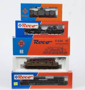 MODEL RAILWAYS: ROCO: Electric Locomotive FS Series E626 (04187A) Plus Rolling Stock, Comprising DB Rungs Wagon Loaded with Steel Tubes (46781), SNCB Coil Wagon (4396D), DB Coil Wagon (46553). All mint in original cardboard packaging.  (4 items)