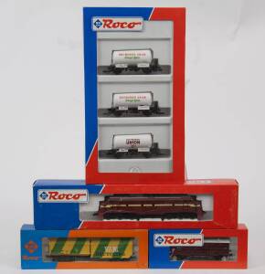MODEL RAILWAYS: ROCO: Diesel Locomotive NSB 3.641 (63472) Plus Rolling Stock, Comprising of Tank Car Three Piece Set (44049), &lsquo;VAM Recycling&rsquo; Waste Car (4370A), DB Small Animal Car (46035). All mint in original cardboard packaging. &nbsp;(4 items)
