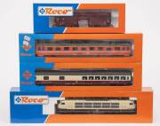 MODEL RAILWAYS: ROCO: DB Series 103 120-2 Electric Locomotive (43442), with Rolling Stock Comprising of SNCB 1st Class Passenger Car (44307), DB Food Trolley Car (44406), DB Swivel Roof Car (46210). All mint in original cardboard packaging. (4 items)