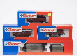 MODEL RAILWAYS: ROCO: DRG BR 57 Steam Locomotive with Tender (43222), with Rolling Stock Comprising of CSD Covered Goods Car (48035), DB Open Goods Car (46274.1), CSD Open Goods Car (48036). All mint in original cardboard packaging. (4 items)