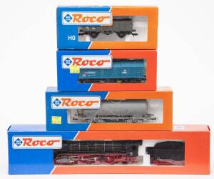MODEL RAILWAYS: ROCO: DB BR 01 008 Steam Locomotive with Tender (43359), with Rolling Stock Comprising of BLS Tank Car (46498), SBB Telescopic Covered Goods Car (46293), OBB Coal Filled Open Goods Car (46037). All mint in original cardboard packaging. (4 