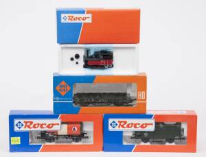 MODEL RAILWAYS: ROCO: Steam Locomotive &lsquo;Rosi&rsquo; (33201), with Rolling Stock Comprising of OBB Tanker Car (47772), K.Bay.St.B. Freight Car (46293), DB Crane Protector (4317A). All mint in original cardboard packaging. (4 items)
