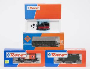 MODEL RAILWAYS: ROCO: Steam Locomotive ‘Rosi’ (33201), with Rolling Stock Comprising of OBB Tanker Car (47772), K.Bay.St.B. Freight Car (46293), DB Crane Protector (4317A). All mint in original cardboard packaging. (4 items)