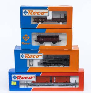 MODEL RAILWAYS: ROCO: K.Bay.StS.B BB II Steam Locomotive (43281), with Rolling Stock Comprising of SNCB Container Car Loaded with CMB Containers (46560), DB Open Freight Car (4307), OBB Rungs Car (46960). All mint in original cardboard packaging. (4 items