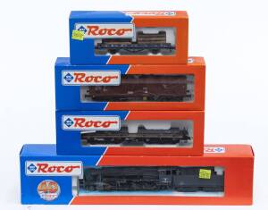 MODEL RAILWAYS: ROCO: DR DRG BR 50 1675 U.K Steam Locomotive (43281), with Rolling Stock Comprising of DB Heavy Duty Car loaded with Steel Bars (46550), DB Telescopic Covered Freight Car (4307), K.Sachs.St.E.B Rungs Car Loaded with Logs (46486). All mint 