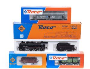 MODEL RAILWAYS: ROCO: SNCF Series 230 G 114 Steam Locomotive with Tender (04125A), with Rolling Stock Comprising OBB Large Scale Goods Car (46784), DB Container Car &lsquo;Blackhead&rsquo; (46522), DB Open Freight Car (4303A). All mint in original cardboard packaging