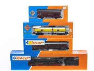 MODEL RAILWAYS: ROCO: DB BR 01 081 Steam Locomotive with Tender (43240), with Rolling Stock Comprising DB Large Tank Car ‘AGIP’ (4365C), OBB Large Covered Freight Car (46231), DB Covered Freight Car (4308S). All mint in original cardboard packaging. (4 it