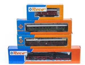 MODEL RAILWAYS: ROCO: DR Class BR 35 2-6-2 1080-5 Steam Locomotive with Tender (63231), with Rolling Stock Comprising DB Covered Freight Car (46042), FNM 2nd Class Passenger Car (44200D), SBB 3rd Class Passenger Car (44200B). All mint in original cardboar