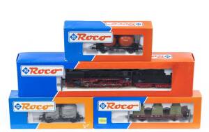 MODEL RAILWAYS: ROCO: DRG BR 50 1124 Steam Locomotive with Tender (43300), with Rolling Stock Comprising DR Rung Car Loaded with Refrigeration Units (47045), DB Silo Car (46471), DSB Spherical Silo Car (46862). All mint in original cardboard packaging. (4