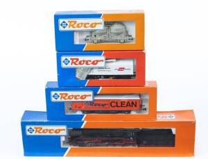 MODEL RAILWAYS: ROCO: DB BR 44 481 Steam Locomotive with Tender (43262), with Rolling Stock Comprising DB Silo Car (46469), OBB Telescopic Freight Car (46303), Roco Freight Car (46400). All mint in original cardboard packaging. (4 items)
