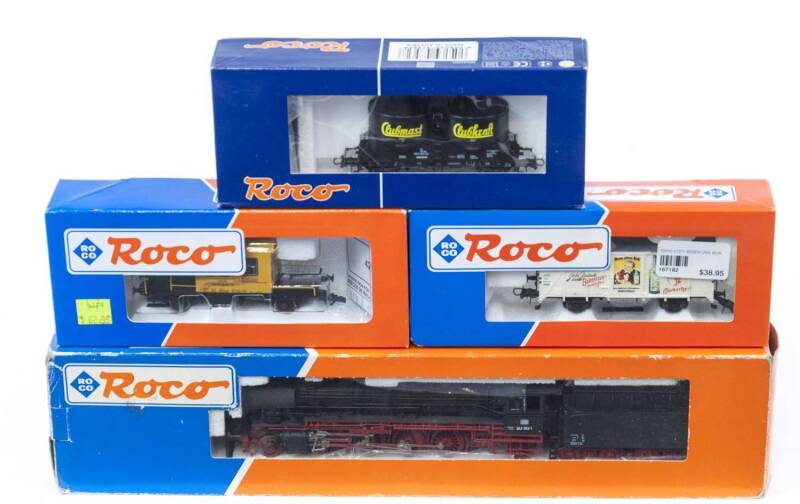 MODEL RAILWAYS: ROCO: DB BR 042 Steam Locomotive (43244) with Rolling Stock  Comprising DB Silo Car 'Clubmast' (47562), EHH Freight Car 'Berentzen'  (47271), SBB Service Car (47574). All mint in original cardboard packaging.  (4 items)