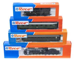 MODEL RAILWAYS: ROCO: SBB C 5/6 2969 Steam Locomotive (43336) with Rolling Stock Comprising DB 1st Class Passenger Car (44444), DB 3rd Class Passenger Car (44536), DR 2nd Class Passenger Car (44583). All mint in original cardboard packaging. (4 items)