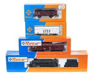 MODEL RAILWAYS: ROCO: SBB C5/6 Steam Locomotive with Tender (43201) with Rolling Stock Comprising DB Telescopic Freight Car (46286), SNCF Covered Freight Car (46050), DR Open Freight Car (4390C). All mint in original cardboard packaging. (4 items)